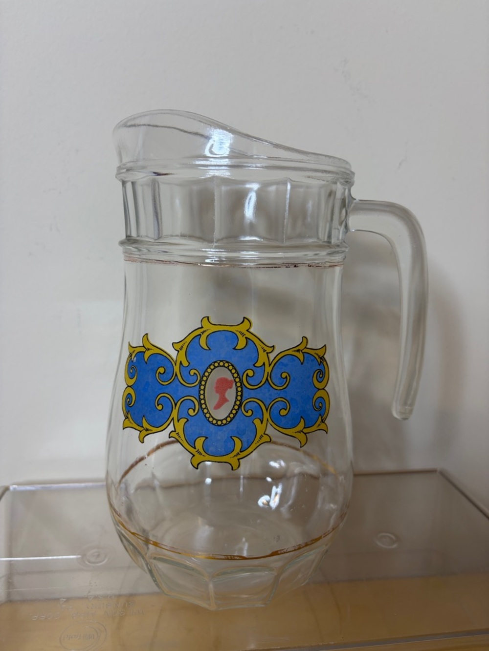 Vintage Italian Glass Pitcher with Blue and Gold Medallion Design
